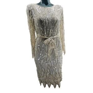 Vintage Swee lo I. Magnin Ivory White SILK Evening Midi Dress Women's M 3493